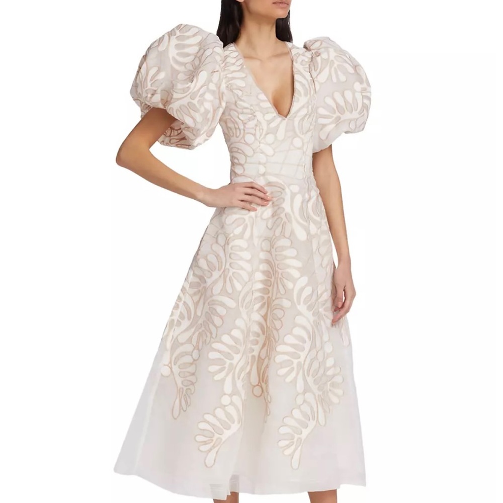 Aje Botanical Applique Puff-Sleeve Midi-Dress